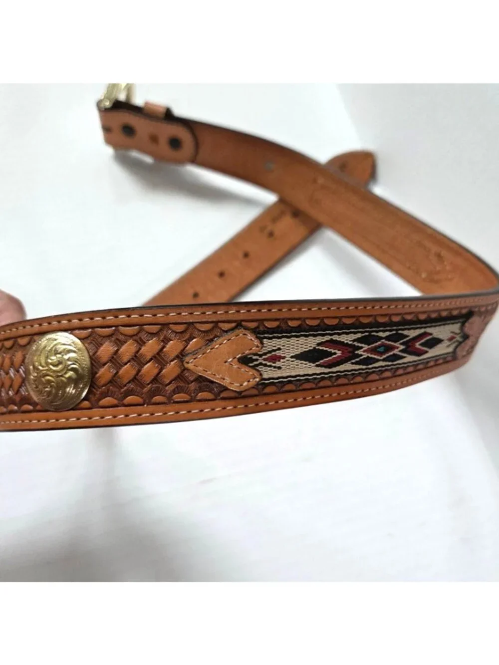 Nocona Belt Mens 38 Brown Tooled Leather Embroidered Inlay Western Cowboy Rodeo